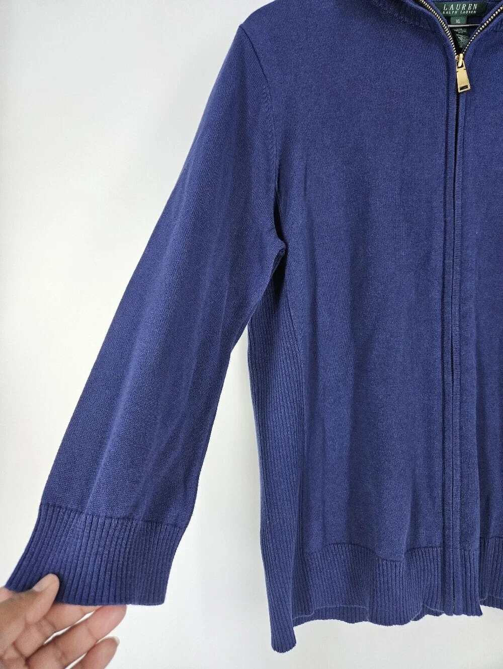 Lauren Ralph Lauren Cobalt Blue Crest Embroidered Full Zip Cardigan